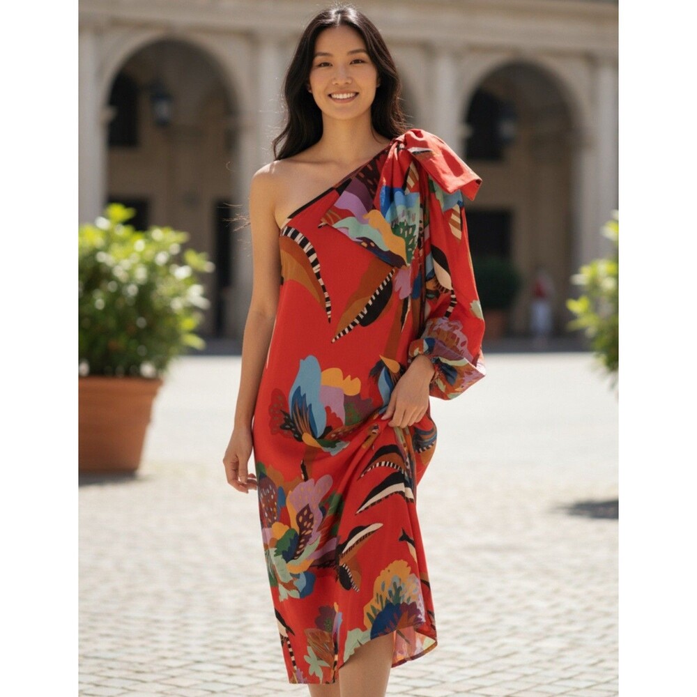 NWT Farm Rio One-Shoulder Slim Red Floral Midi Maxi Dress Size Small $330